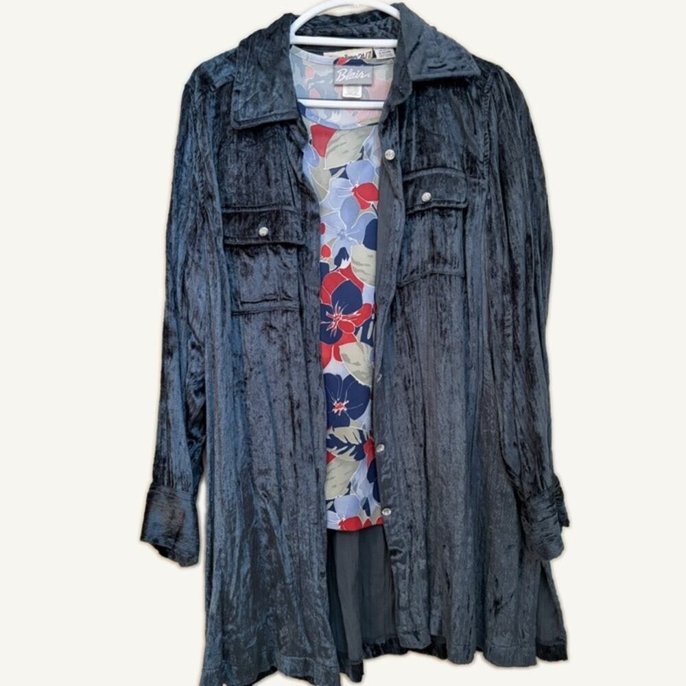 Denim 24/7 Crushed Velvet Coat & Blair Floral Top Set - Blue, Red, L/14W